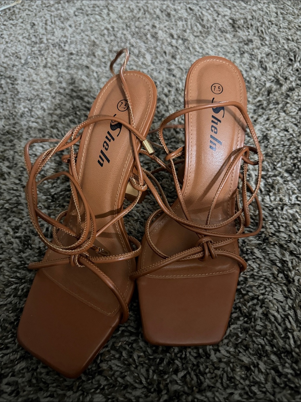 SHEIN Tan Strappy Square-Toe Lace-Up Heels